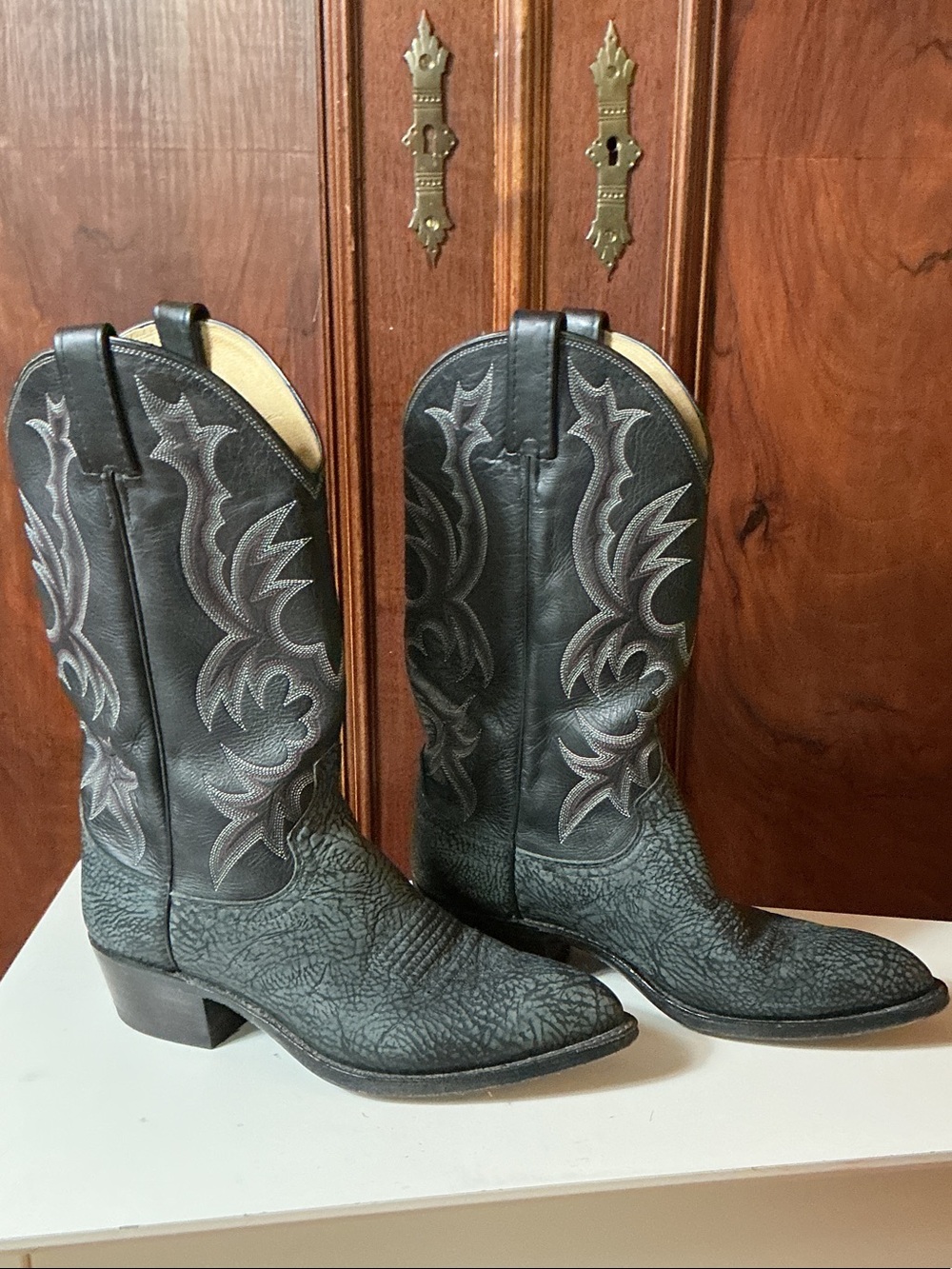 Dan Post Black Embossed Leather Western Boots with Gray Stitching